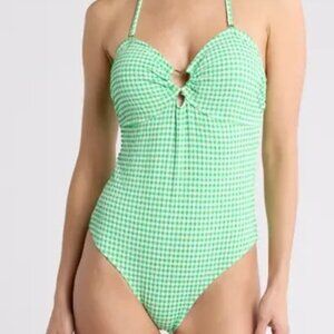Betsey Johnson Gingham Heart Cutout Halter One-Piece Swimsuit in Size Medium NWT